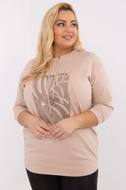 Plus size model wearing Lunvica cotton tie blouse with subtle sequin front print and 3/4 sleeves, showcasing relaxed fit.
