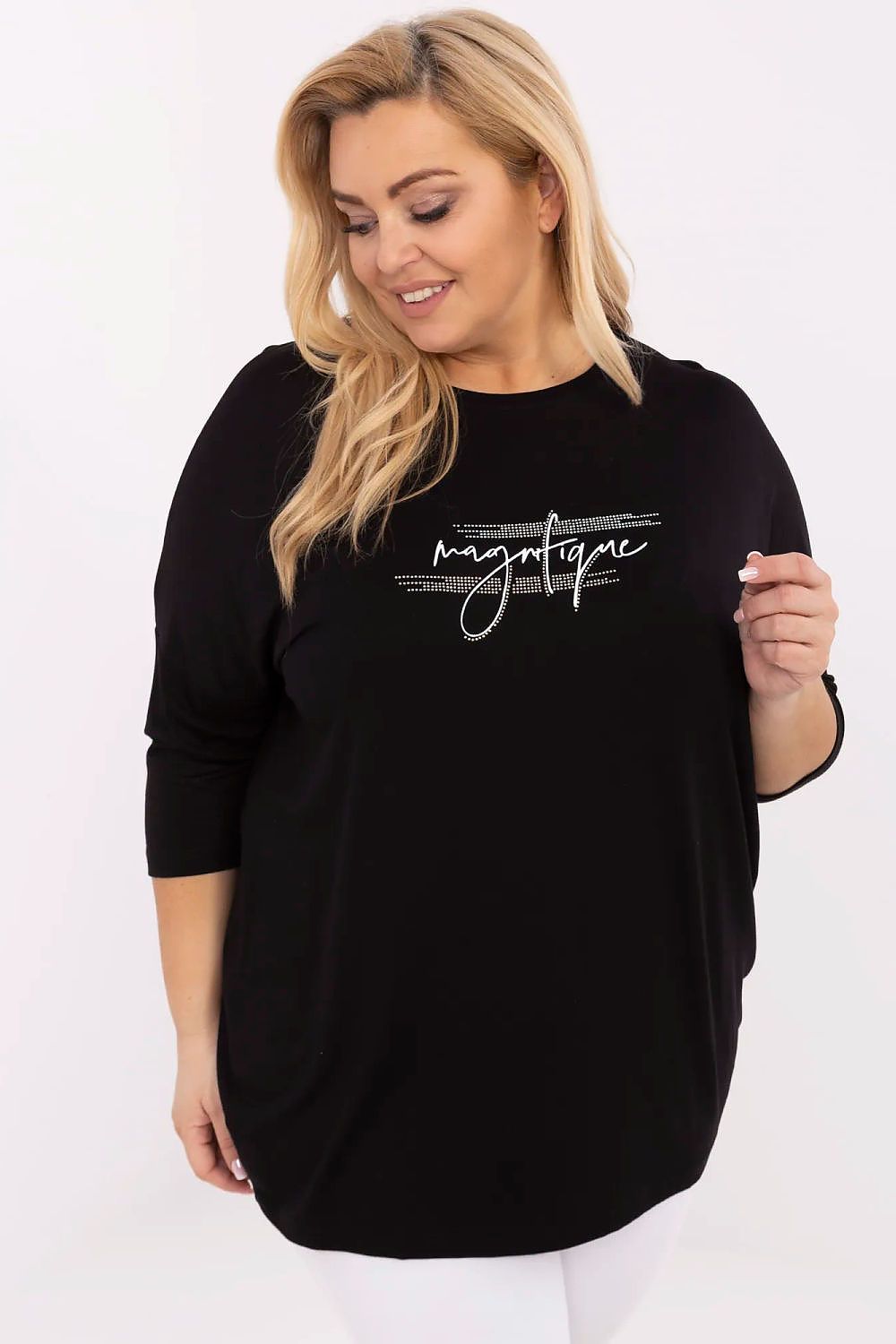 Plus size woman wearing Lioraelle printed jet blouse with 3/4 sleeves and round neckline, showcasing casual elegance.