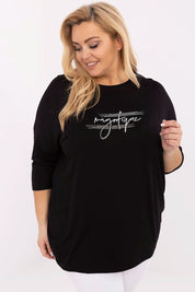 Plus size woman wearing Lioraelle printed jet blouse with 3/4 sleeves and round neckline, showcasing casual elegance.