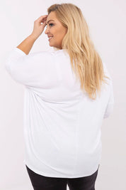 Back view of Lioraelle Plus Size Printed Jet Blouse in soft viscose blend with 3/4 sleeves, perfect for everyday comfort and style.
