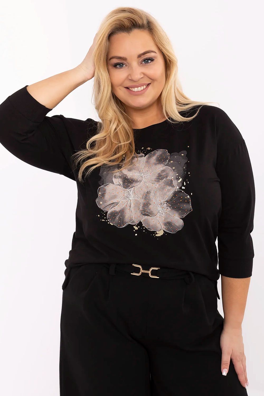 Plus Size Blaire Jet-Embellished Blouse with front graphic and zircon accents, featuring a round neckline and three-quarter sleeves.