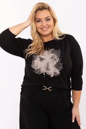 Plus Size Blaire Jet-Embellished Blouse with front graphic and zircon accents, featuring a round neckline and three-quarter sleeves.