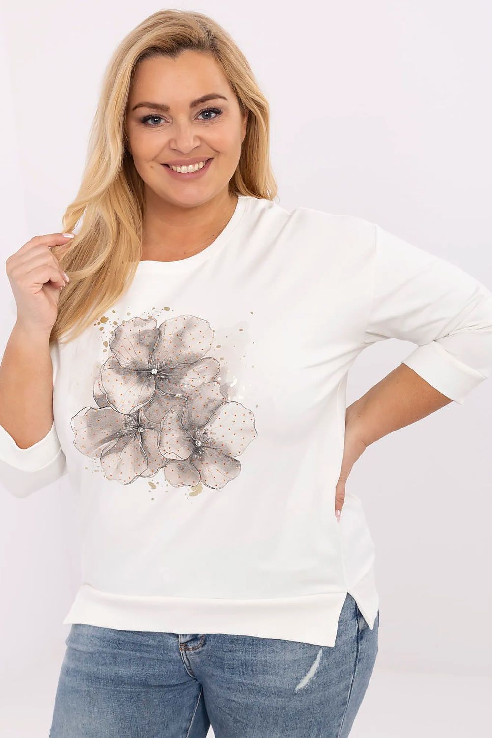 Plus Size Blaire Jet-Embellished Blouse with floral graphic and sparkly accents, featuring round neckline and relaxed fit for comfort.