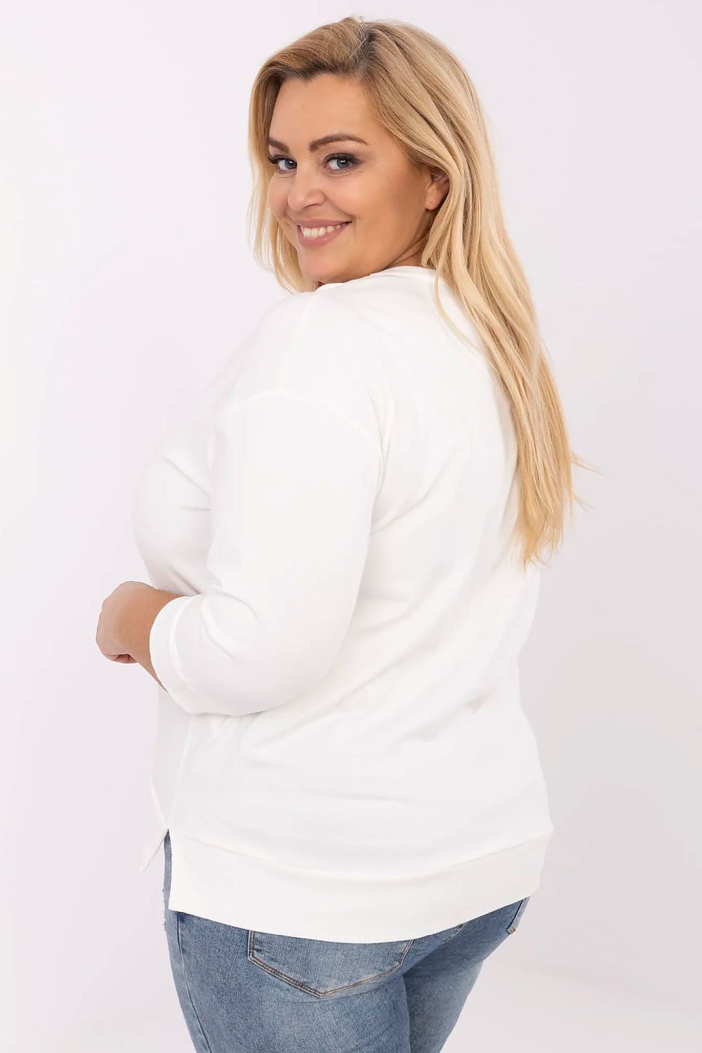 Plus Size model wearing a white Blaire Jet-Embellished Blouse with three-quarter sleeves, showcasing a relaxed and elegant fit.