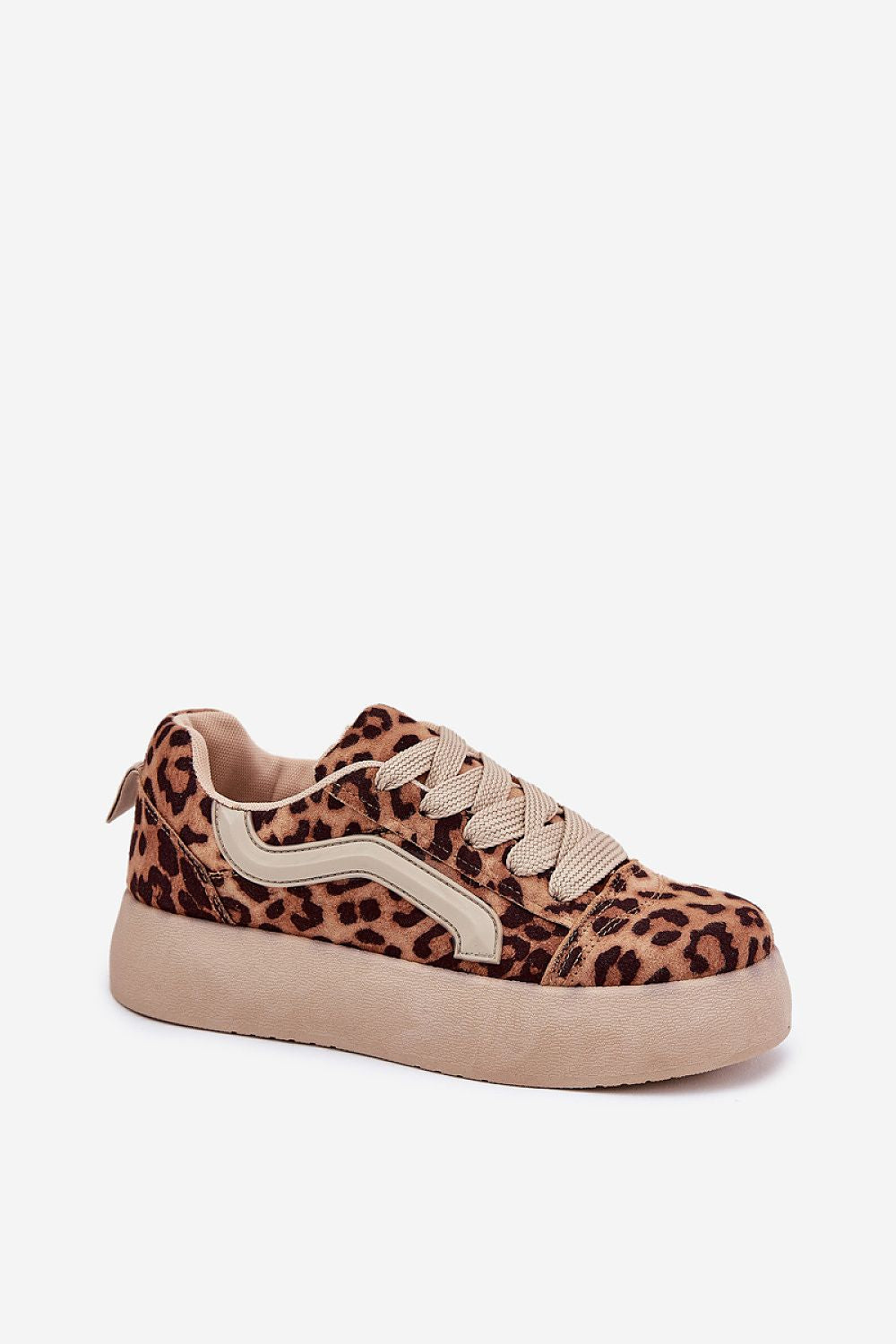 Leopard print Ravelin suede platform sneakers with eco-suede texture and supportive sole, perfect for a chic and stylish casual look.