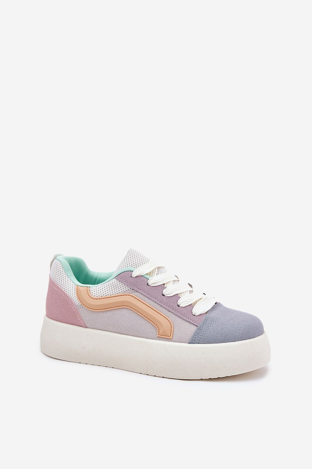 Ravelin suede platform sneakers in pastel colors with white laces, eco-suede, and rounded toe. Perfect for casual chic style.