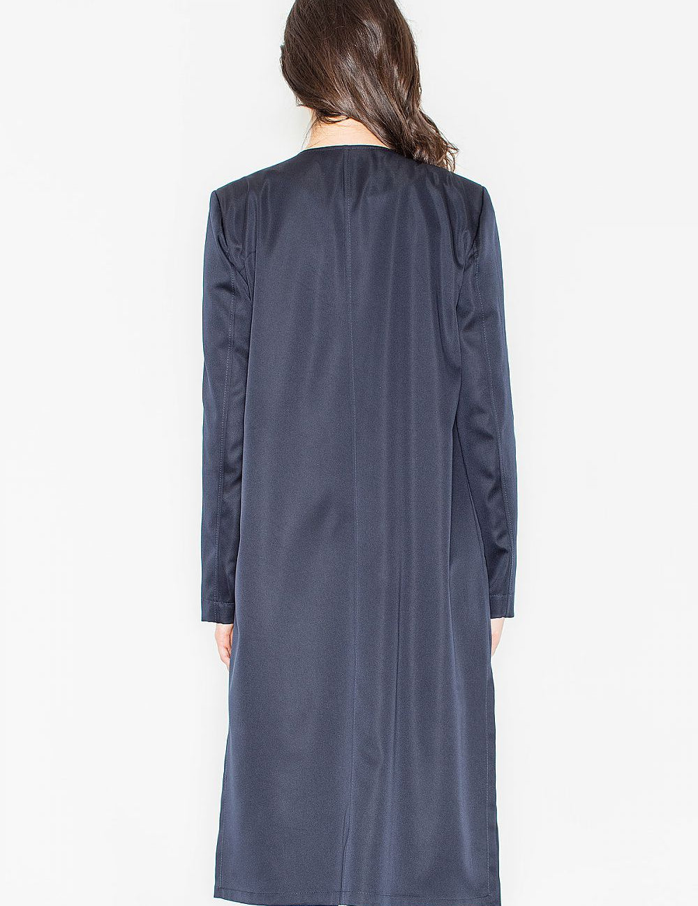 Back view of the Selvarra Belted Knit Long Coat in navy blue, showcasing its elegant long silhouette and smooth drape.