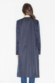 Back view of the Selvarra Belted Knit Long Coat in navy blue, showcasing its elegant long silhouette and smooth drape.