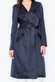 Woman wearing Selvarra Belted Knit Long Coat in navy, open-front with belt, smooth drape, and side pockets, elegant knitwear fashion.