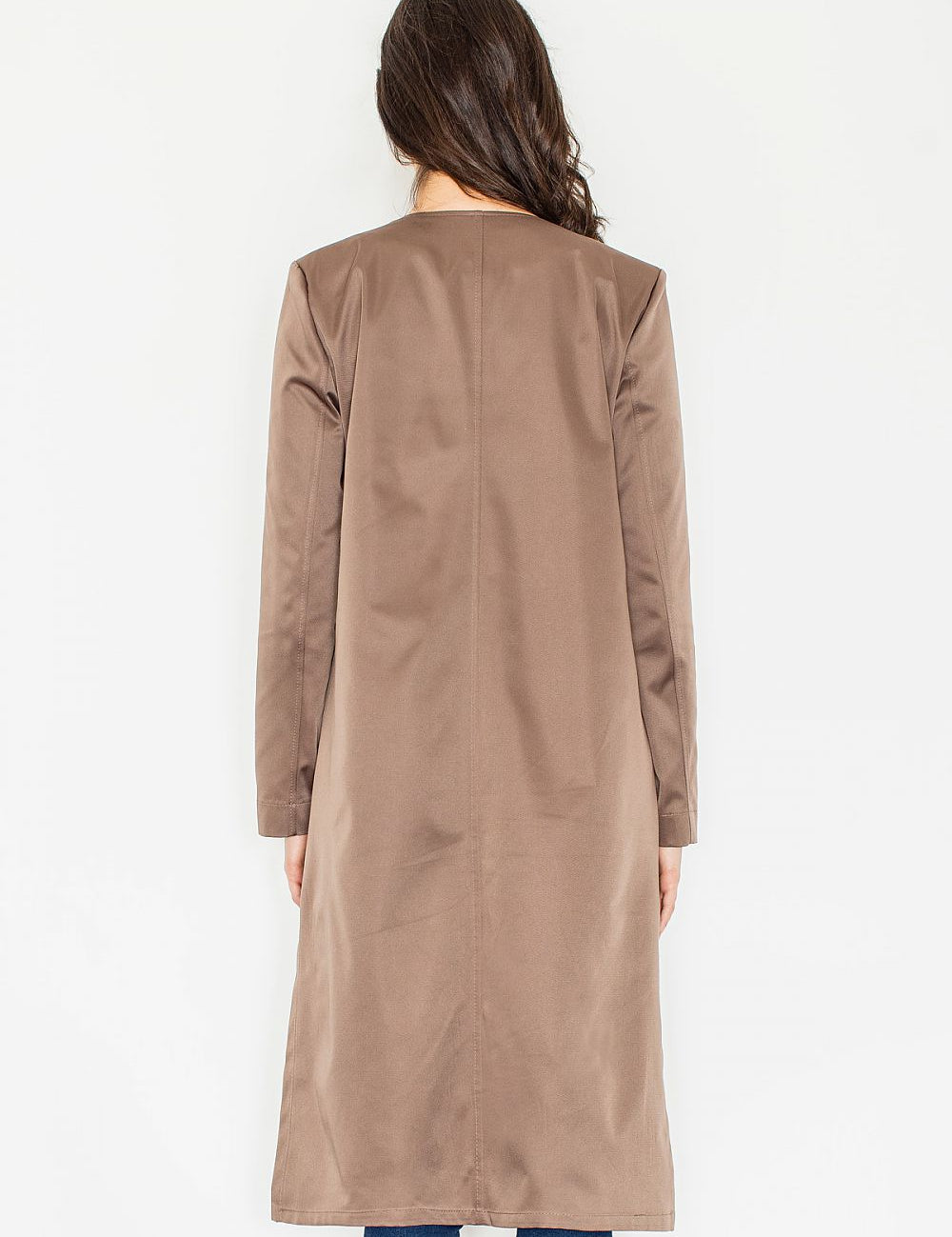 Back view of woman wearing long brown coat, showcasing elegant, flowing silhouette and smooth fabric texture.