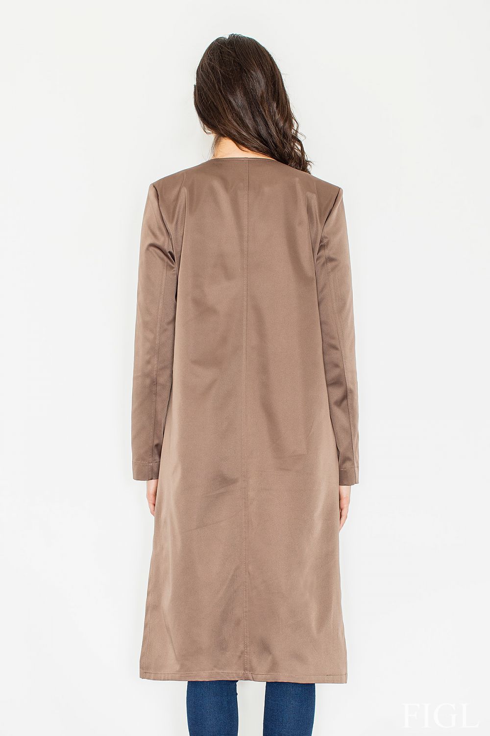 Back view of woman wearing long brown coat, showcasing elegant, flowing silhouette and smooth fabric texture.