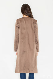 Back view of woman wearing long brown coat, showcasing elegant, flowing silhouette and smooth fabric texture.