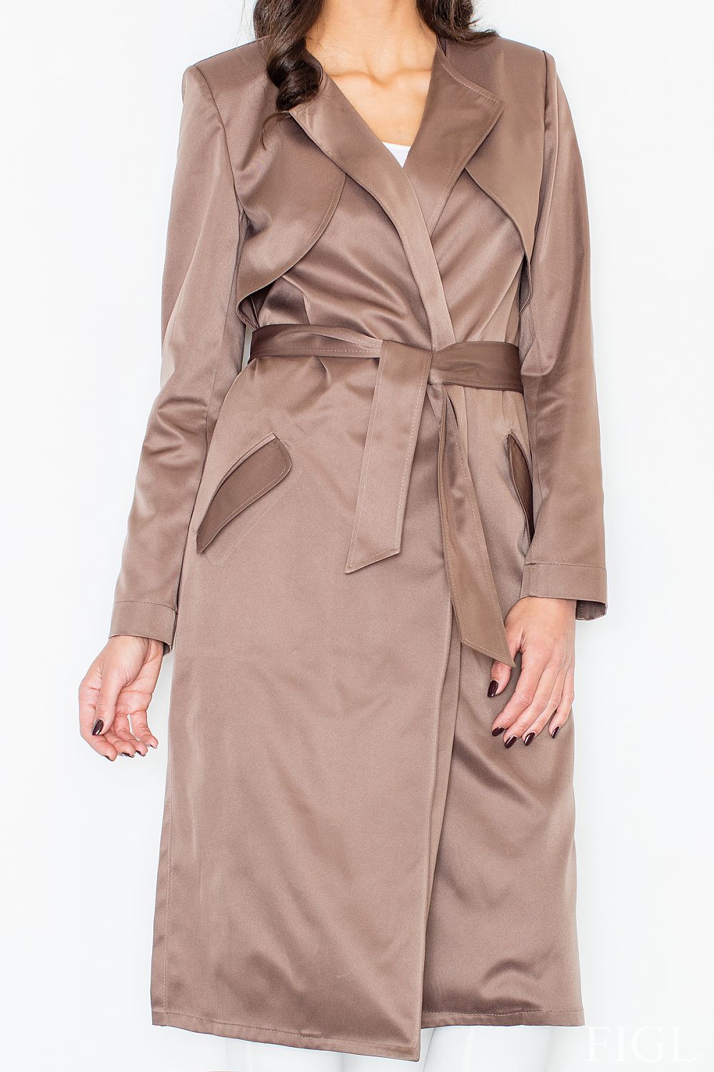 Selvarra belted knit long coat with open front design and side pockets, combining elegance with comfort.