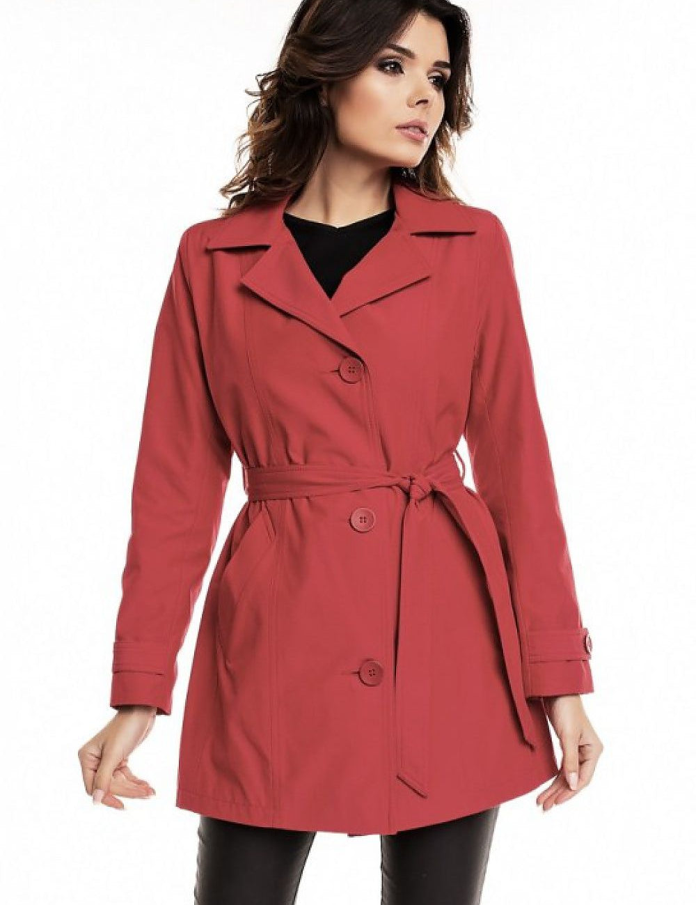 Woman wearing Plus Size Virelline Belted Cotton Trench Coat in red with decorative cuff details, ideal for autumn layering.