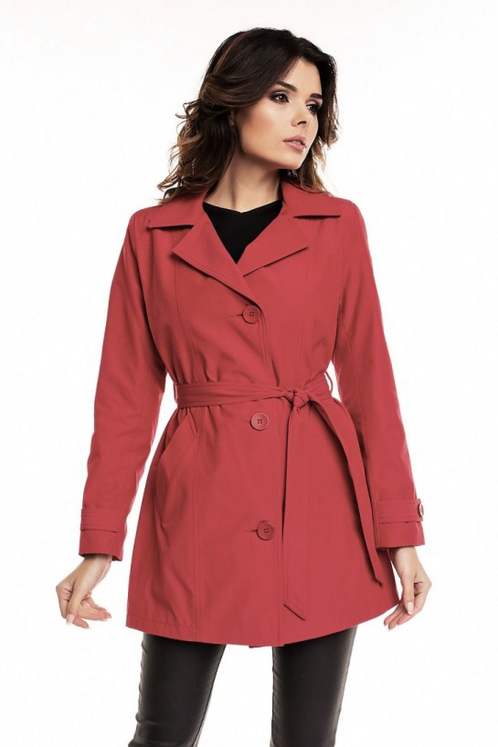 Woman wearing Plus Size Virelline Belted Cotton Trench Coat in red with decorative cuff details, ideal for autumn layering.