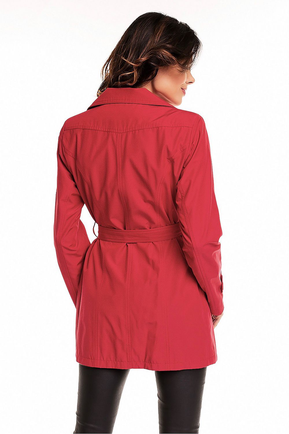Plus size red Virelline belted cotton trench coat for autumn with decorative cuff details, photographed from the back view.