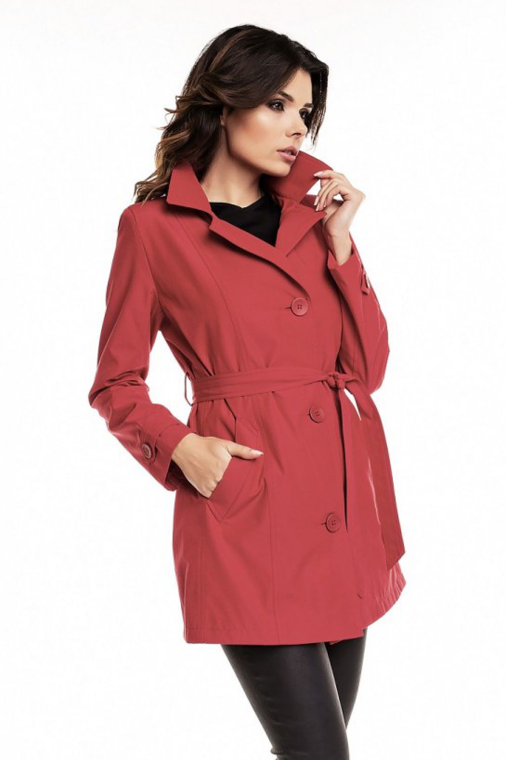 Plus Size Virelline Belted Cotton Trench Coat in red with waist belt and button details, perfect for autumn layering.