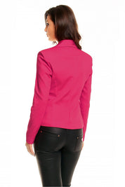 Back view of a woman wearing a plus size Arvenelle single-button pink jacket with a pointed collar and decorative side patches.