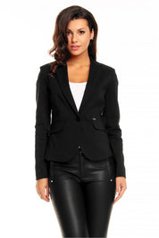 Plus Size Arvenelle Single-Button Jacket with deep pointed collar, decorative pocket flaps, and elegant silhouette in black.