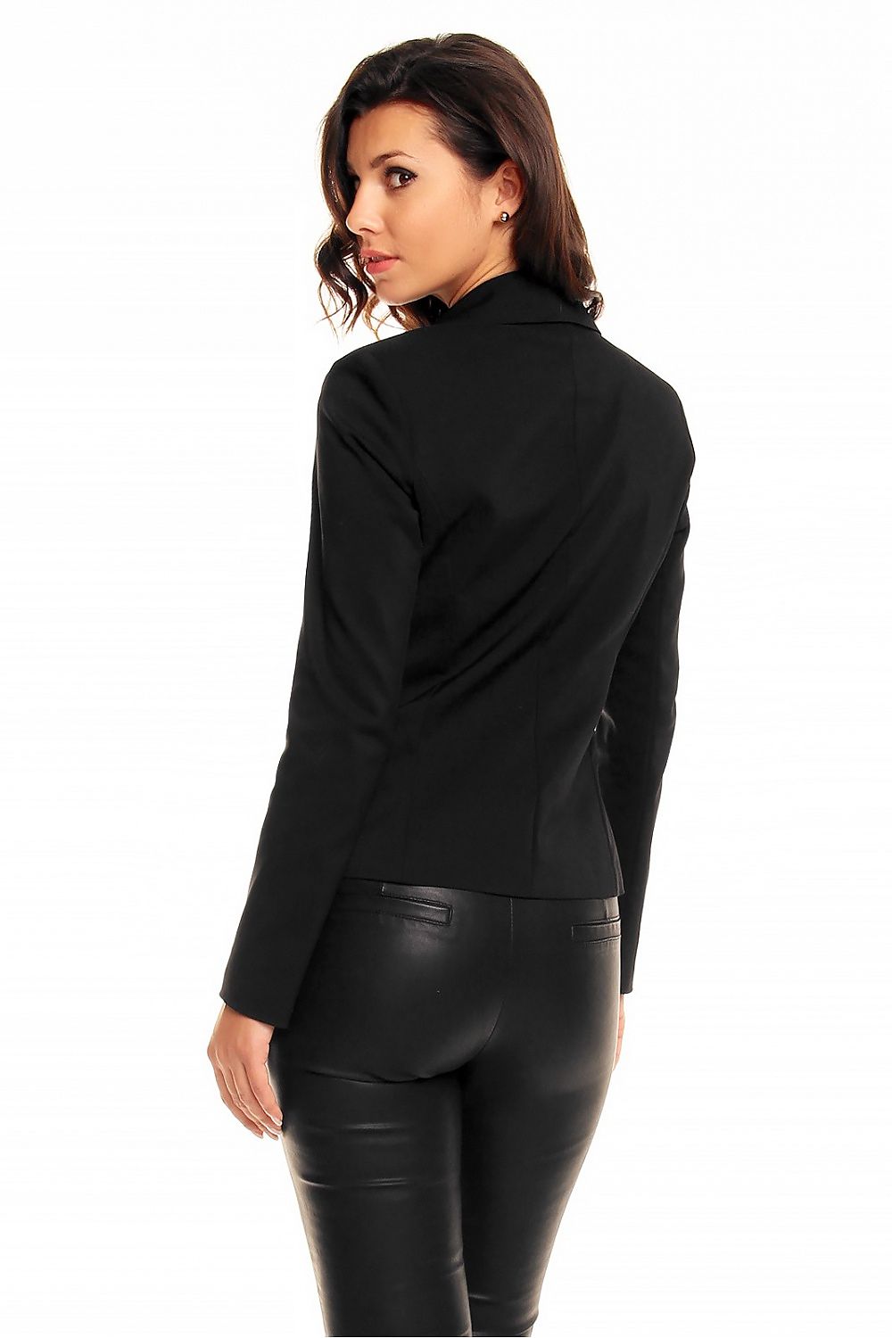 Back view of a woman wearing a Plus Size Arvenelle Single-Button Jacket, featuring a sleek black design and elegant tailoring.