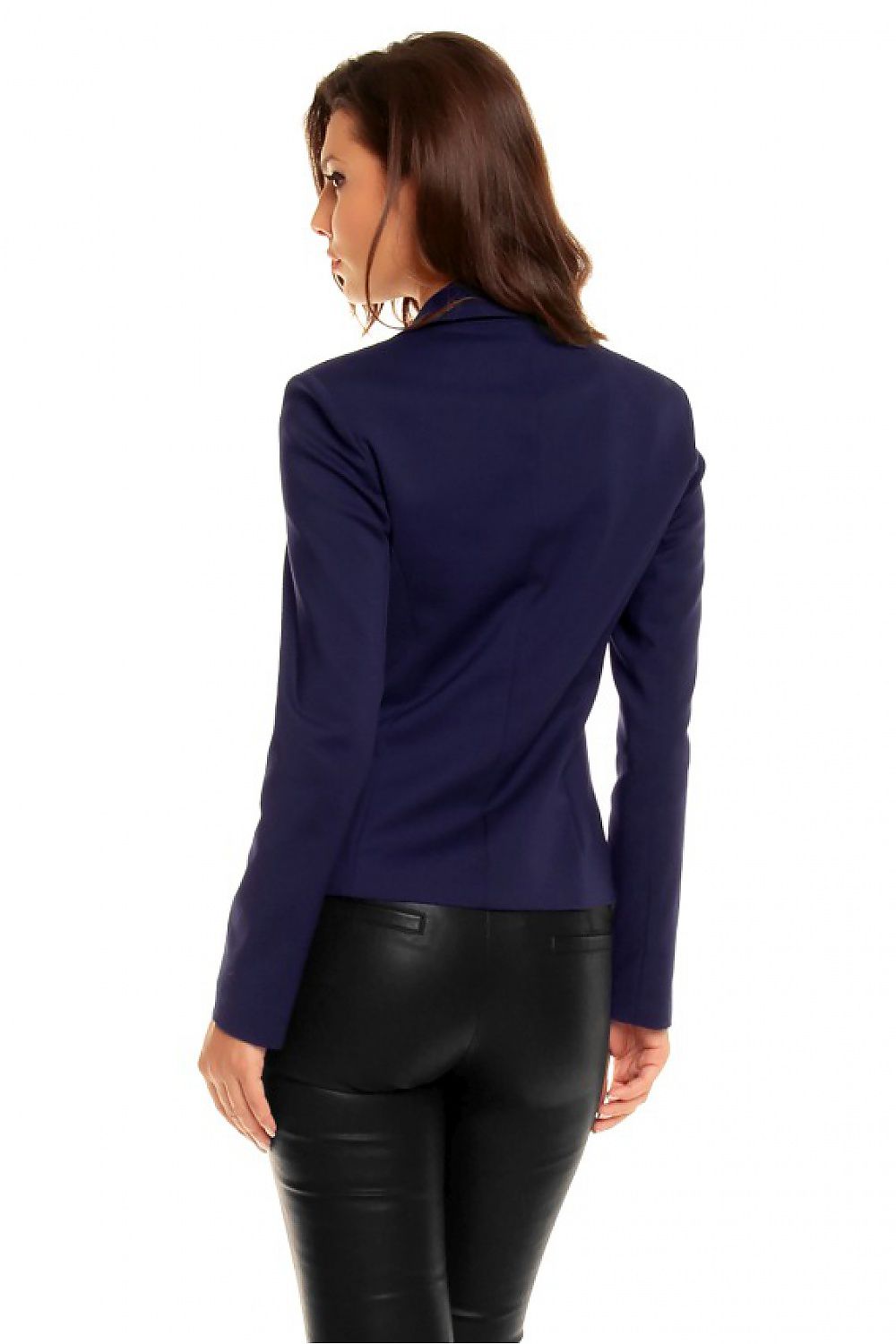 Back view of Plus Size Arvenelle Single-Button Jacket in deep navy with clean lines and pointed collar, worn by a model in black pants.
