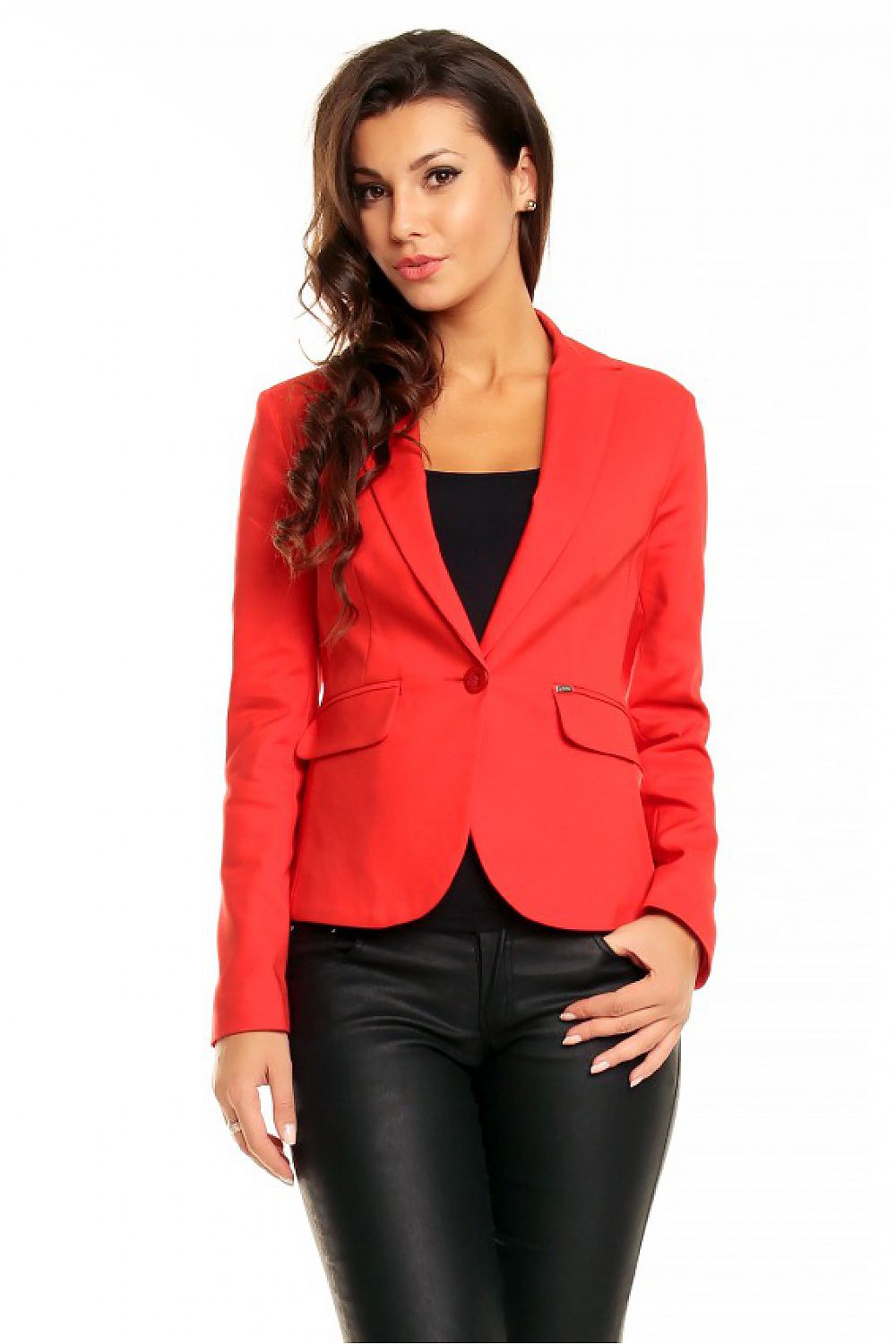 Plus Size Arvenelle Single-Button Jacket in red with deep pointed collar, decorative patches, worn by a model.