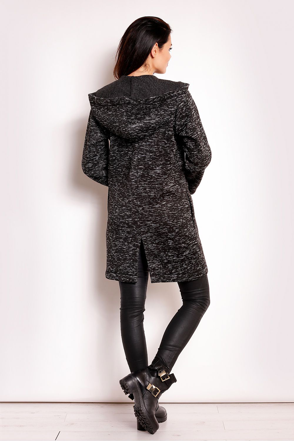 Back view of Merivonne Knit Hooded Zip Coat with wide collar, deep pockets, and exposed zip, offering relaxed elegance and comfort.