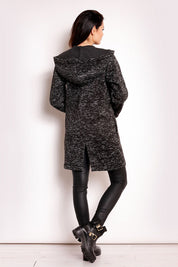 Back view of Merivonne Knit Hooded Zip Coat with wide collar, deep pockets, and exposed zip, offering relaxed elegance and comfort.