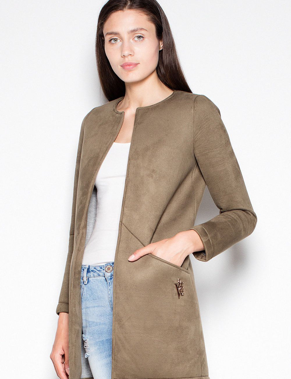 Model wearing Rovienne Open-Front Topstitched Coat with rolled sleeves in olive green, showcasing classic and relaxed style.
