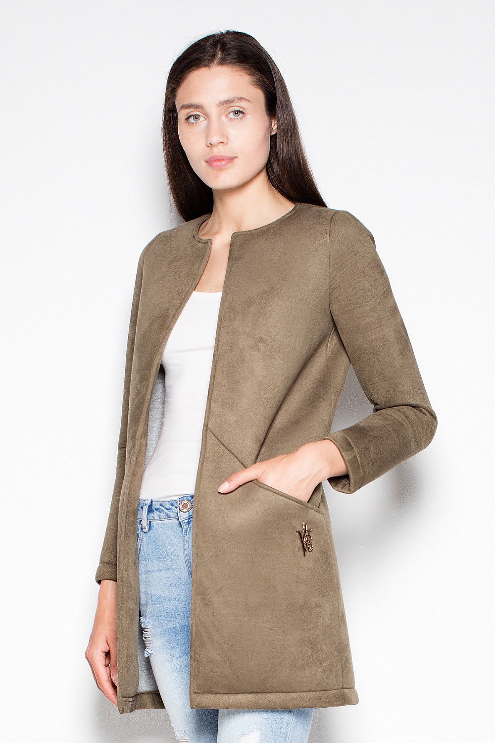Model wearing Rovienne Open-Front Topstitched Coat with rolled sleeves in olive green, showcasing classic and relaxed style.