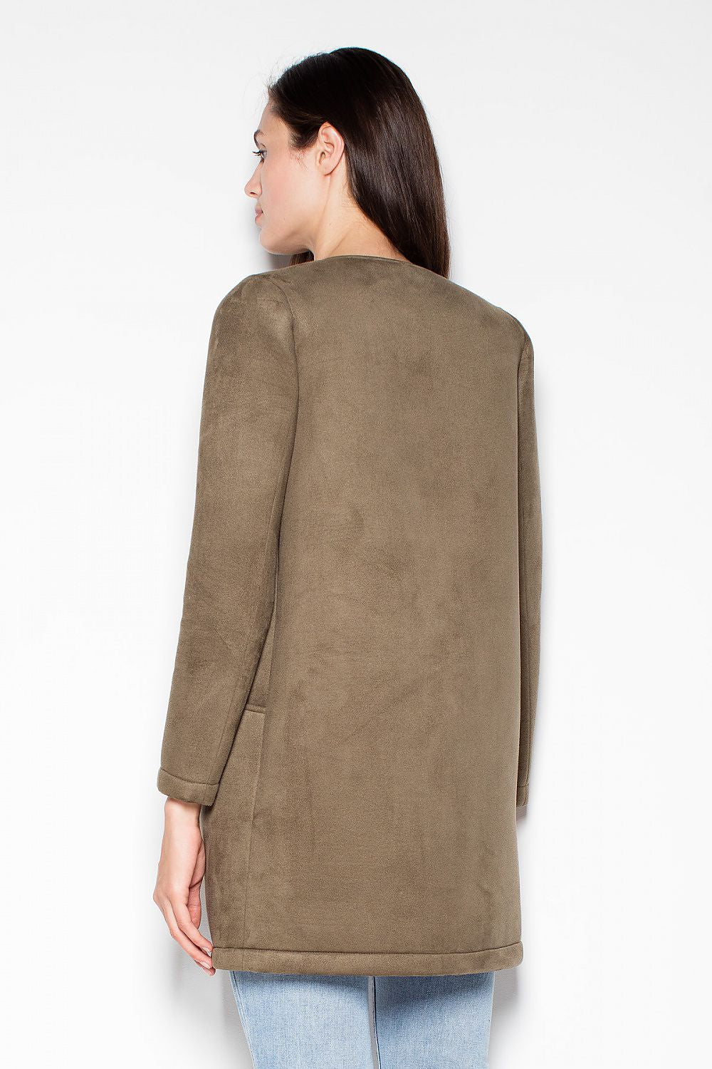 Rear view of Rovienne open-front topstitched coat with rolled sleeves in brown, showcasing smooth polyester blend fabric.