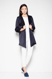 Woman modeling the Laverinne Classic Open-Front Coat with decorative collar and side pockets, showcasing its timeless design and versatility.