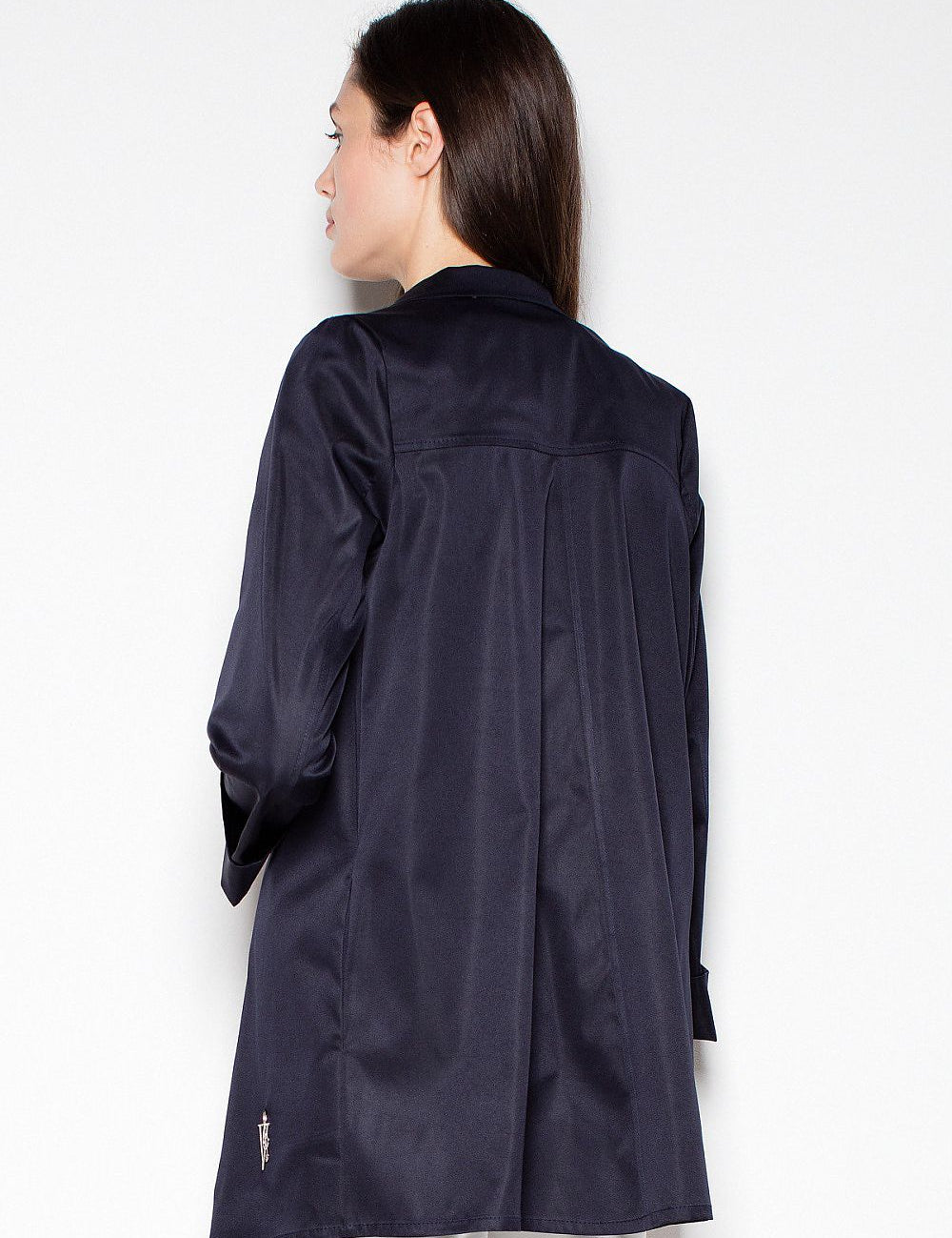 Back view of woman wearing the Laverinne Classic Open-Front Coat in navy, showcasing its relaxed silhouette and elegant collar.