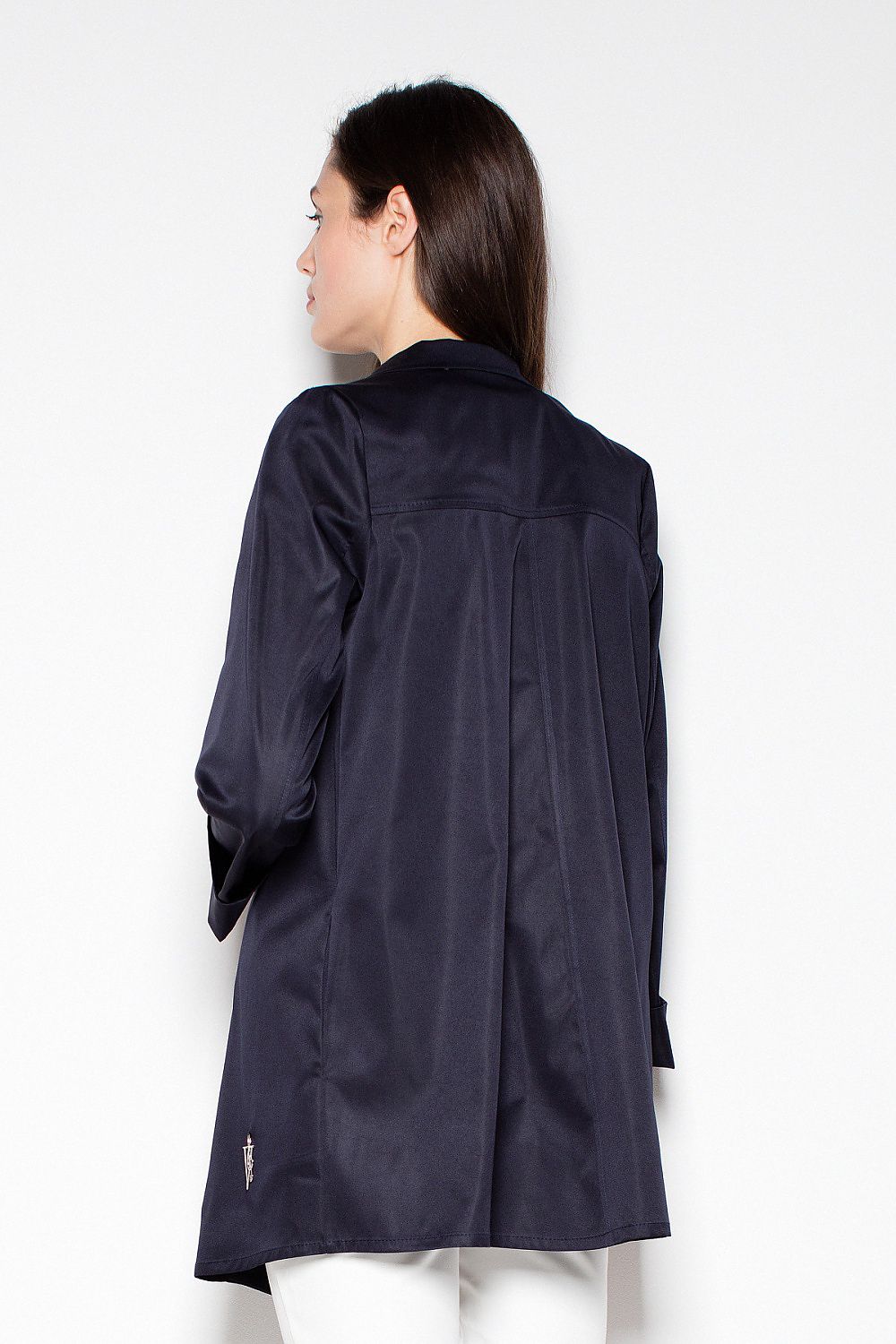 Back view of woman wearing the Laverinne Classic Open-Front Coat in navy, showcasing its relaxed silhouette and elegant collar.