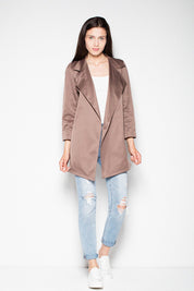 Woman wearing Laverinne Classic Open-Front Coat with wide collar and side pockets, styled with distressed jeans and sneakers.
