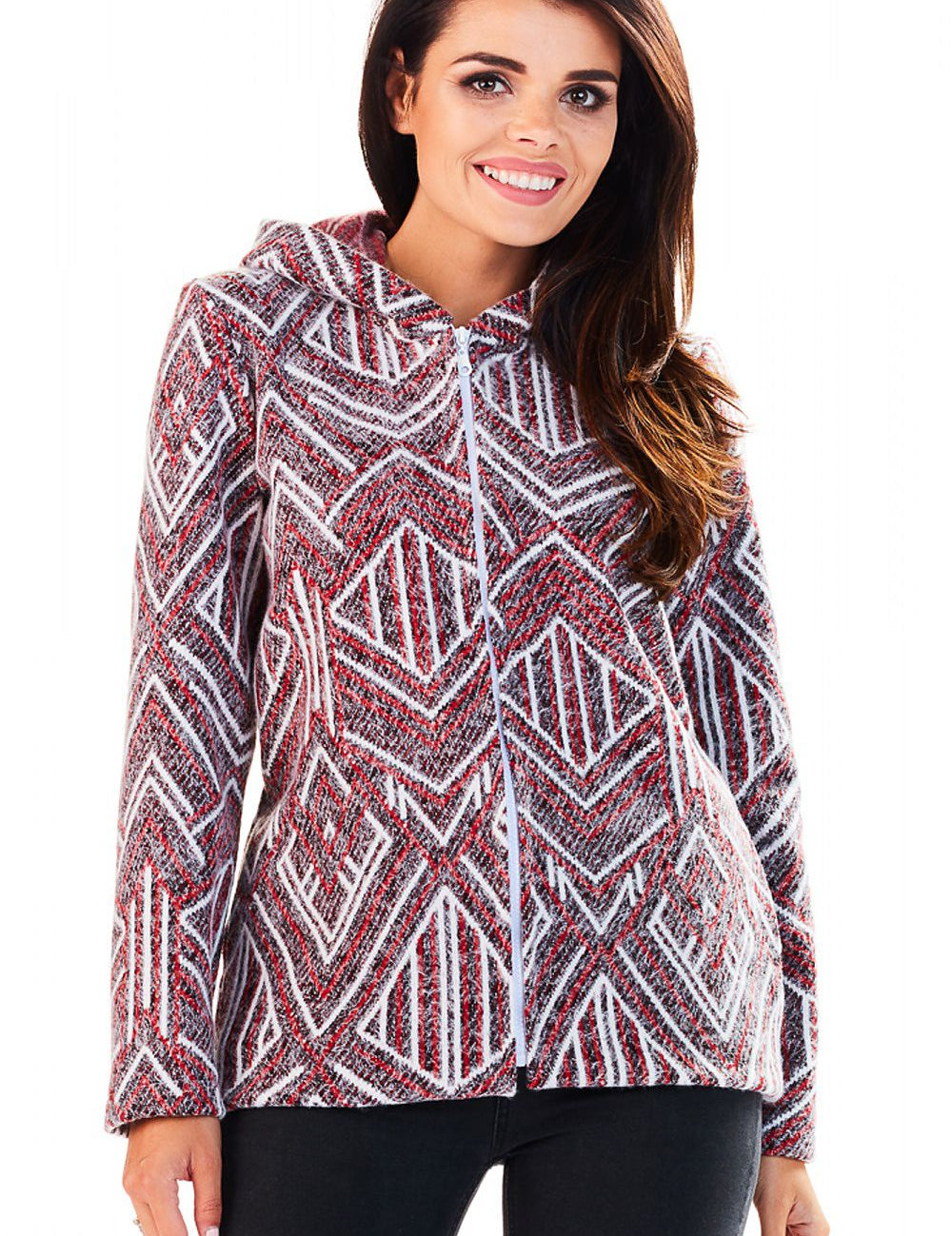 Woman wearing Marquetta Patterned Hooded Jacket with geometric design, full-length zip, and side pockets, ideal for casual wear.