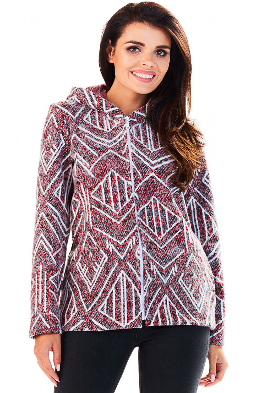 Woman wearing Marquetta Patterned Hooded Jacket with geometric design, full-length zip, and side pockets, ideal for casual wear.