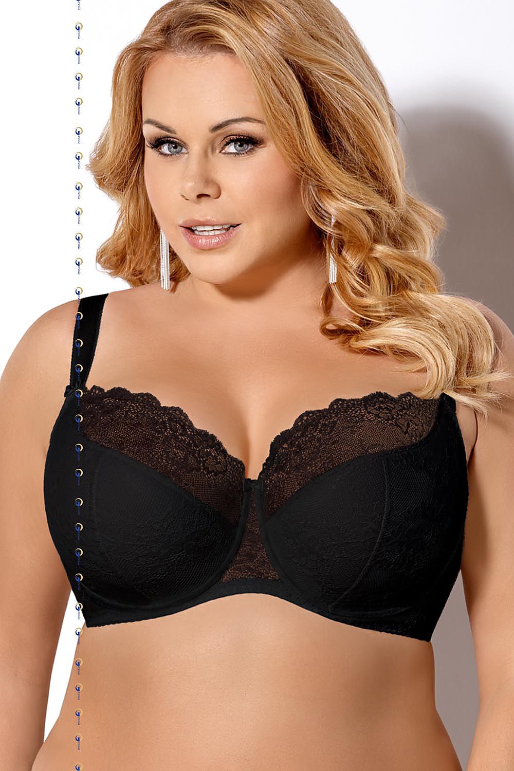 Plus size semi-soft lace bra in black with elegant detailing and supportive cups, featuring delicate lace and a decorative bow.