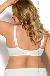 Back view of a woman wearing a white plus-size Arvenelle semi-soft lace bra, showcasing supportive straps and detailed design.