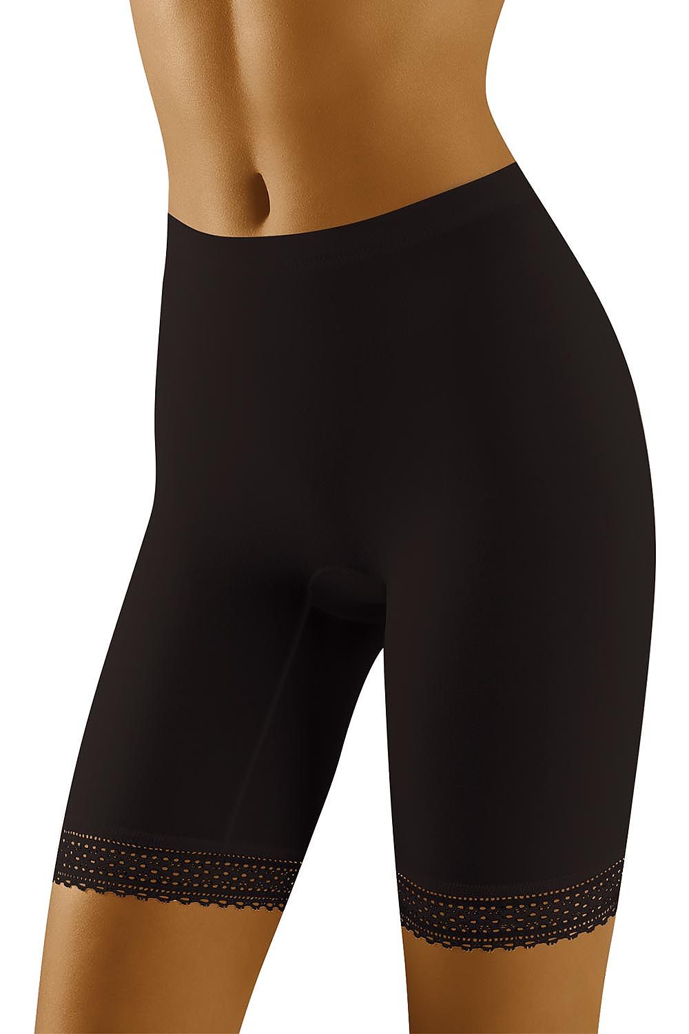 Plus size Rivelle lace trim bermuda shorts in black, designed for comfort and shaping, ideal for wearing under dresses.