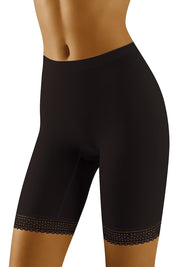 Plus size Rivelle lace trim bermuda shorts in black, designed for comfort and shaping, ideal for wearing under dresses.