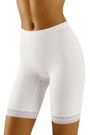 Plus size white lace trim Bermuda shorts for women, offering skin protection and silhouette shaping.