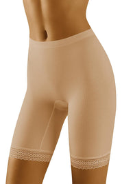 Plus size Rivelle lace trim bermuda shorts with beige color, fitted design for comfort and anti-chafing, ideal under dresses.