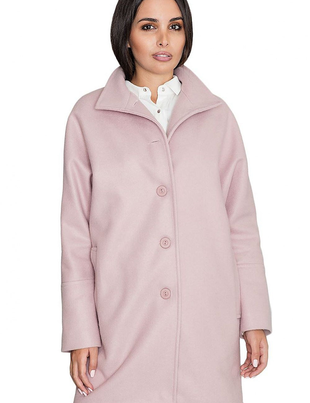 Model wearing pink Norivelle kimono-style lined coat with stand-up collar and buttons.