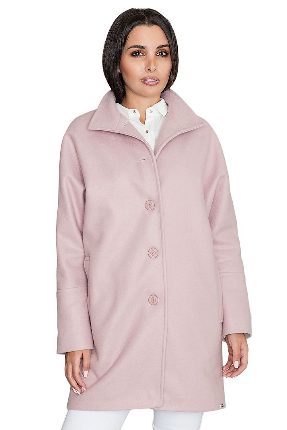 Model wearing pink Norivelle kimono-style lined coat with stand-up collar and buttons.