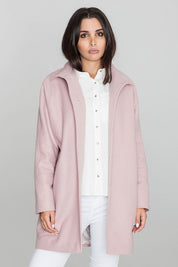 Woman wearing pink Norivelle Kimono-Style Lined Coat with stand-up collar and button fastening.