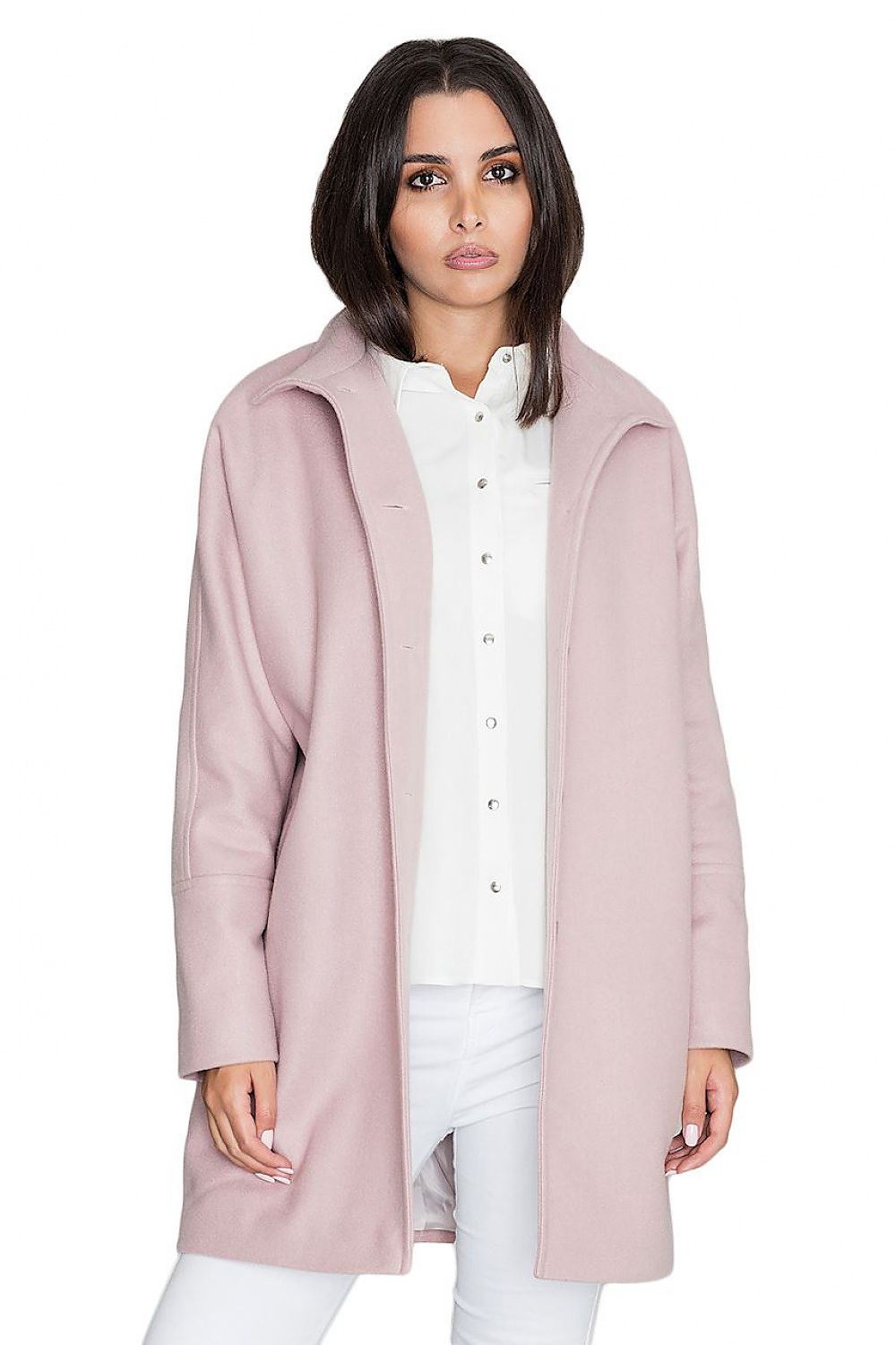 Woman wearing a pink kimono-style lined coat with a stand-up collar, dropped sleeves, and stylish button fastening.