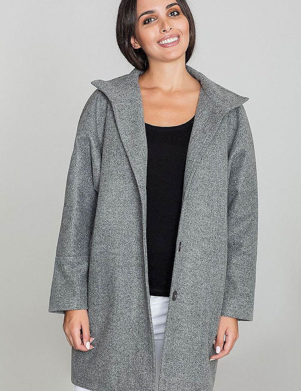 Woman wearing a gray Norivelle Kimono-Style Lined Coat with stand-up collar, showcasing its relaxed, elegant silhouette.