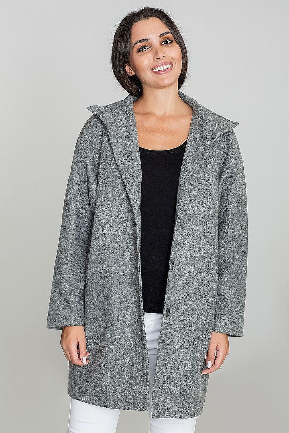 Woman wearing a gray Norivelle Kimono-Style Lined Coat with stand-up collar, showcasing its relaxed, elegant silhouette.