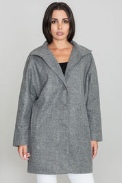 Woman wearing Norivelle Kimono-Style Lined Coat with button fastening and stand-up collar, showcasing elegant design and loose fit.
